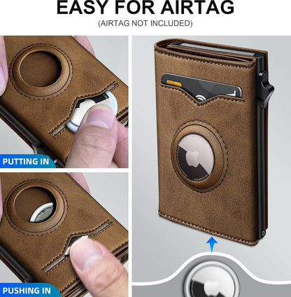 Airtag Wallet for Men,with Cash Pocket 2 ID Window 9-12 Cards,Metal Case Smart Slim Pop Up Credit Card Holder Flip with Magnetic Closure RFID Blocking Trifold wallet with Gift Box