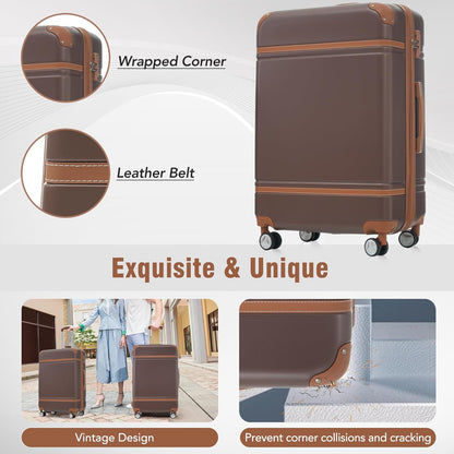Merax Luggage Set 2 Piece Suitcase Set with Cosmetic Case Expandable Spinner Wheels Vintage Luggage Sets(Brown,20"+28")