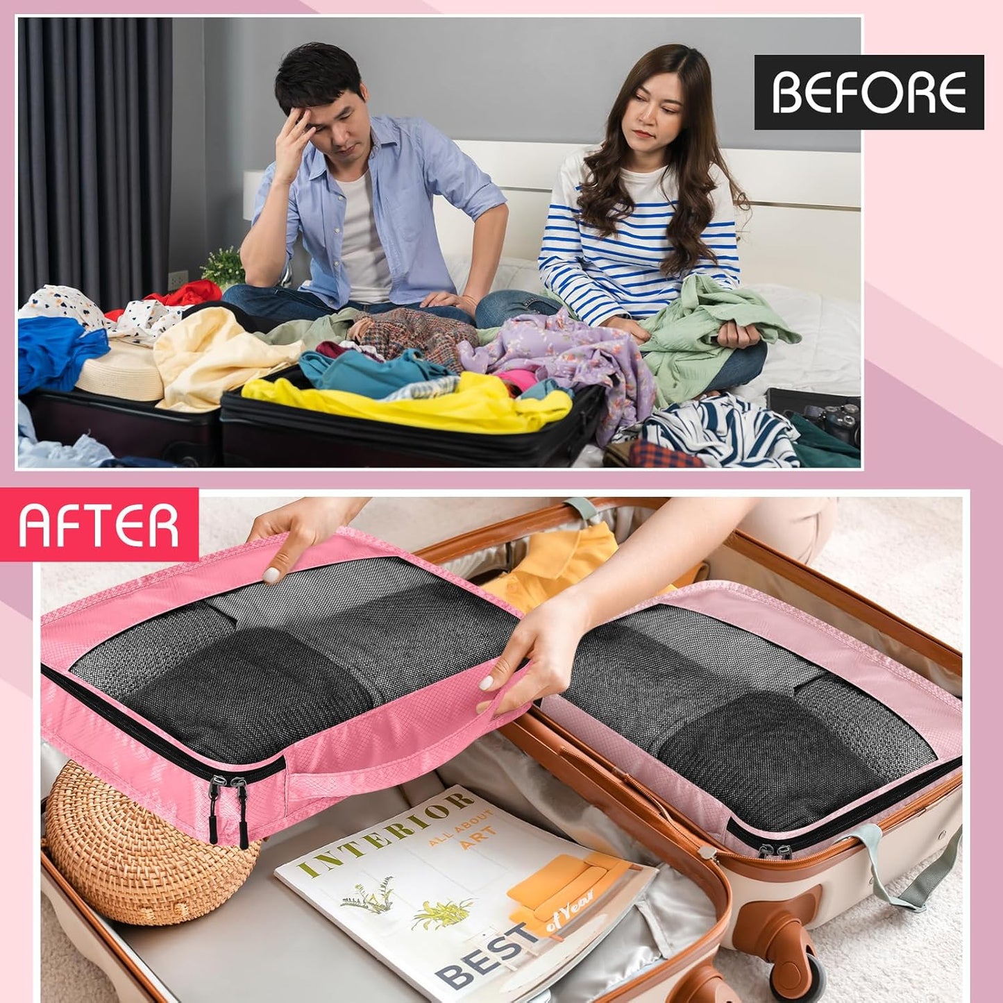 5 Pcs Packing Cubes for Suitcase Large Travel Cubes Carry on Luggage Organizer Bags for Clothes Accessories(M,Pink)