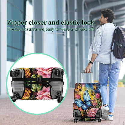Luggage Cover + Tag, Colorful Rose Butterfly Travel Suitcase Cover for 18-20 inch Luggage (S) with Concealed Zipper, Washable Elastic Cloth, Dustproof, Anti-Scratch