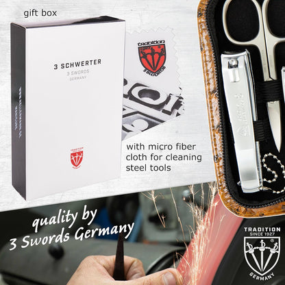 3 Swords Germany – brand quality 8 piece manicure pedicure grooming kit set for professional nail care with synthetic leather case ostrich cognac - Made in Germany