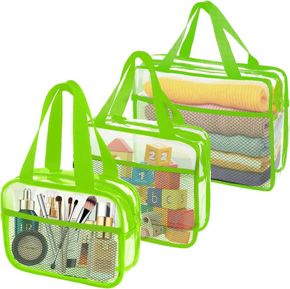 XEWEA Clear Travel Toiletry Bags, 3 Pack TSA Approved Transparent Makeup Bag for Men Women, Large Waterproof PVC Quart Organizer with Zipper for Toiletries Airline Essential,Toy Storage Pouch Green