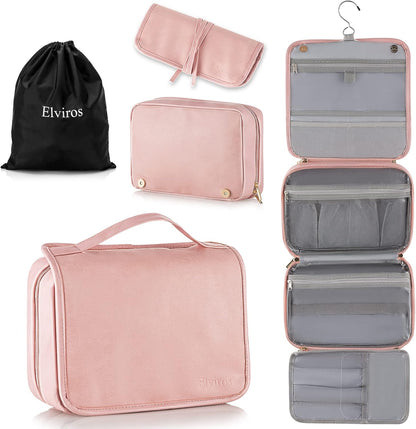 Elviros Hanging Travel Toiletry Bag for Women, 3-in-1 Large Makeup Bag and Cosmetic Organizer, Vegan Leather Waterproof Skincare Case for Travel Size Toiletries and Accessories