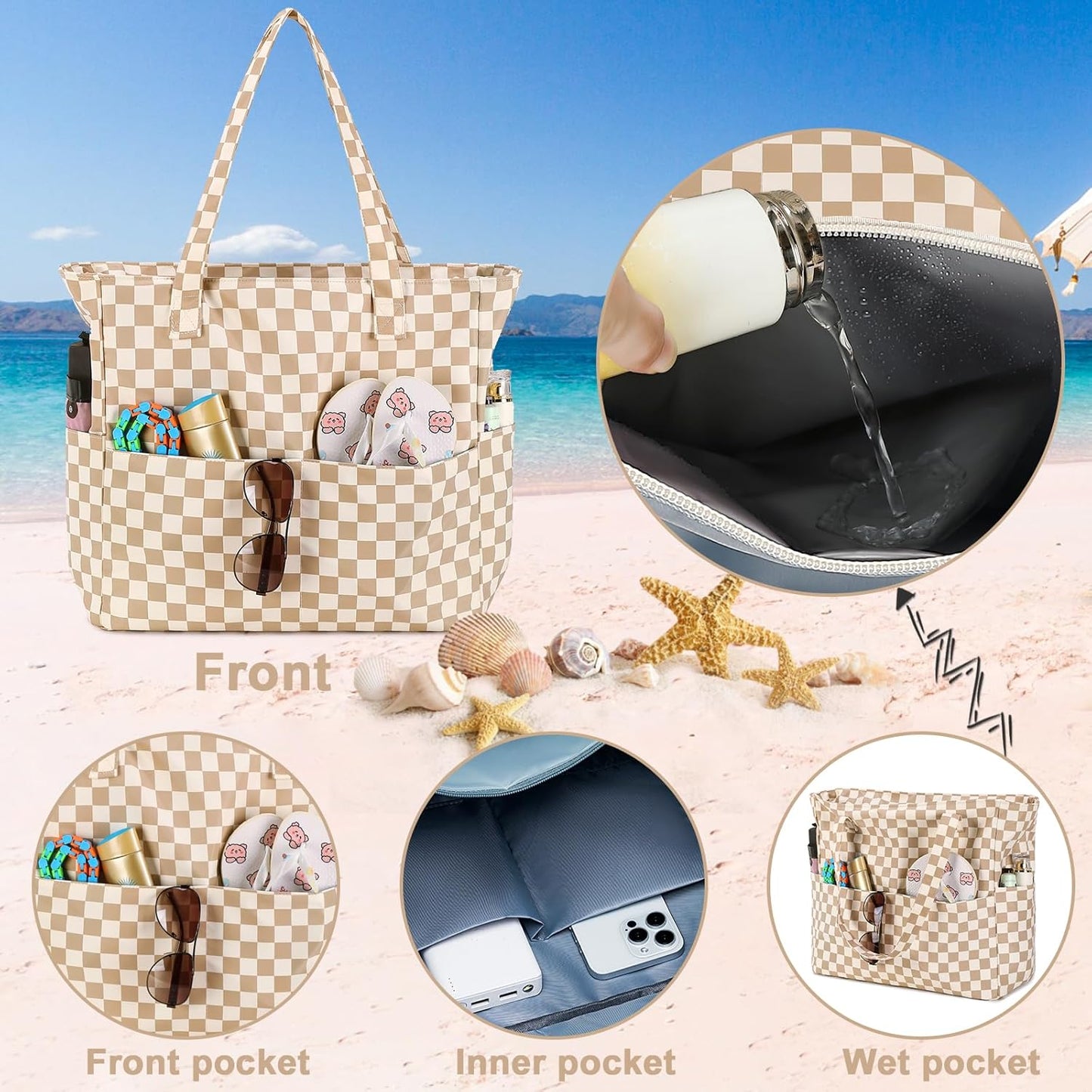 Waterproof Beach Tote Pool Bags for Women Ladies Extra Large Gym Tote Carry On Bag With Wet Compartment for Weekender Travel