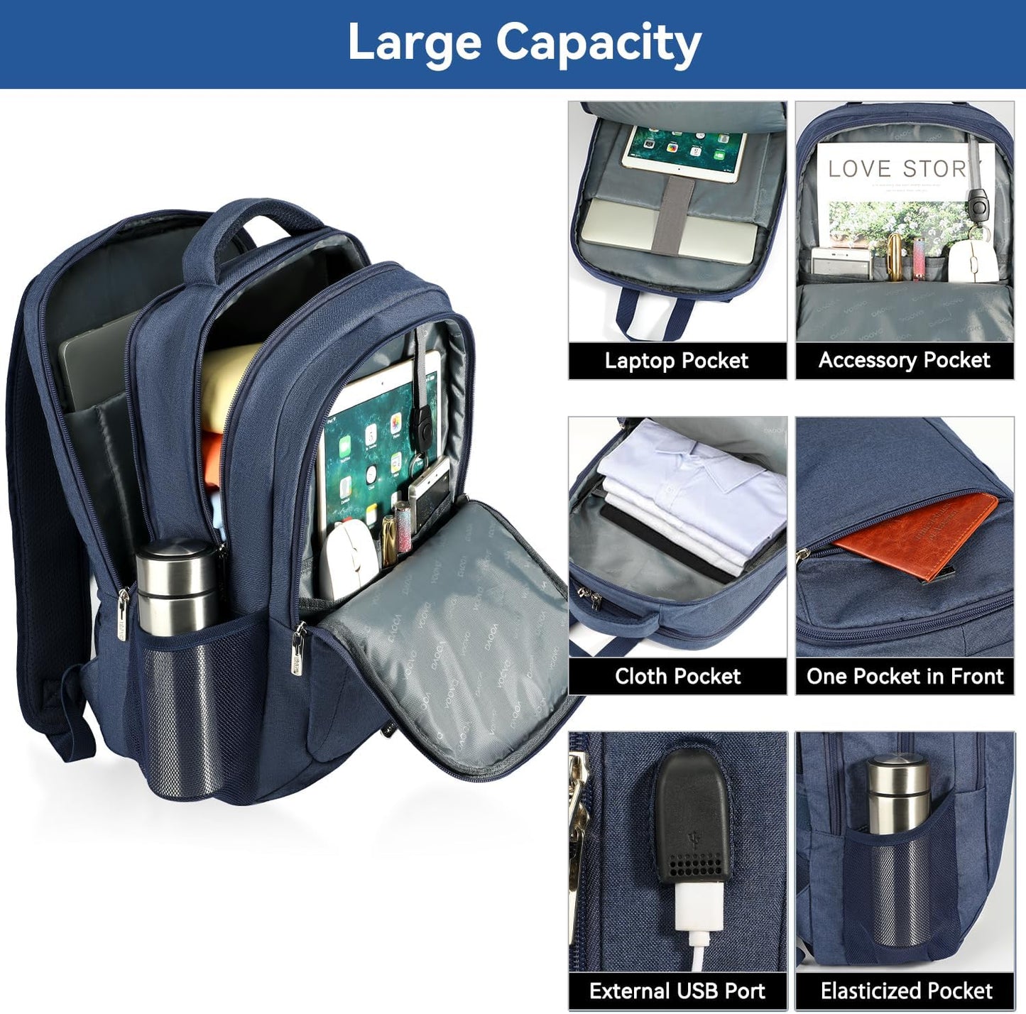 Voova Travel Laptop Backpack, Business Work Laptop Backpack for Women & Men with USB Charging Port, Waterproof Slim Durable College Computer Bag Fits 15.6 Inch Laptops and Notebook, Blue