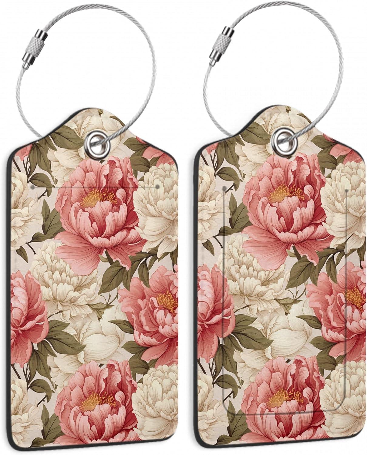 2 Pcs Peony Pink Flowers Retro Luggage Tags,Cruise Luggage Tag with Privacy Flap,Name Id Label and Steel Loop for Women Men Travel Bag Suitcase