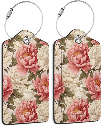 2 Pcs Peony Pink Flowers Retro Luggage Tags,Cruise Luggage Tag with Privacy Flap,Name Id Label and Steel Loop for Women Men Travel Bag Suitcase