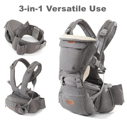 SUNVENO 3 in 1 Ergonomic Baby Carrier with Hip Seat for Newborns and Toddlers, Supports 20 lbs and Up, Waist and Back Relief with Large Weight Capacity for All Season Use, Grey