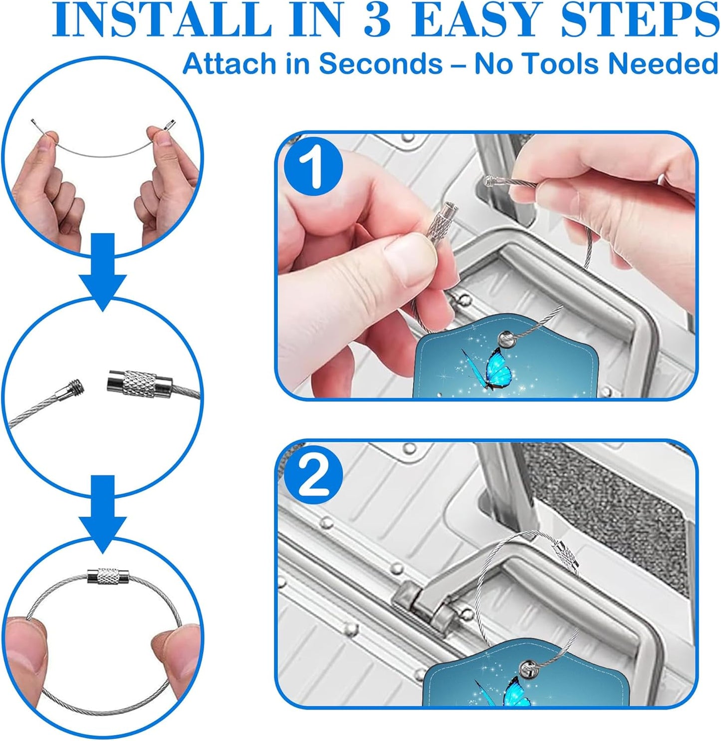 Blue Butterfly Luggage Tags for Suitcases Leather Travel Tags for Luggage ID Label with Privacy Cover and Stainless Steel Loop for Men Women Suitcase Backpack, Set of 2