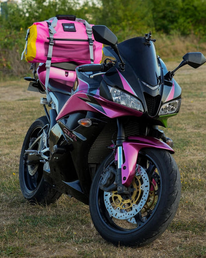 IRON JIA'S Motorcycle Dry Bag - Waterproof Duffle & Luggage Tail Bag Saddle Bags with Roll Top Closure, Shoulder Straps, Inner Pocket and Mesh Pocket (Pink, 30L)
