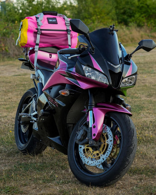 IRON JIA'S Motorcycle Dry Bag - Waterproof Duffle & Luggage Tail Bag Saddle Bags with Roll Top Closure, Shoulder Straps, Inner Pocket and Mesh Pocket (Pink, 50L)