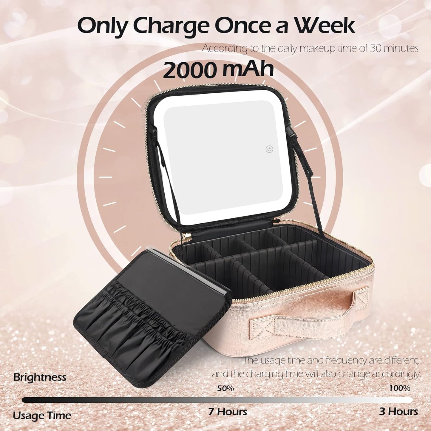 MOMIRA Travel Cosmetic Train Case with Lighted Mirror 3 Color Scenarios Cosmetic Bag Organizer with Adjustable Dividers Makeup Storage for Women, Makeup Accessories & Tools Case Champagne