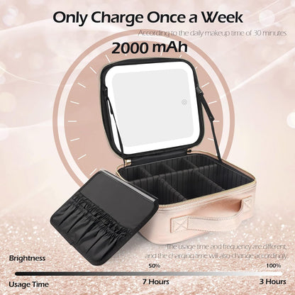 MOMIRA Travel Cosmetic Train Case with Lighted Mirror 3 Color Scenarios Cosmetic Bag Organizer with Adjustable Dividers Makeup Storage for Women, Makeup Accessories & Tools Case Champagne