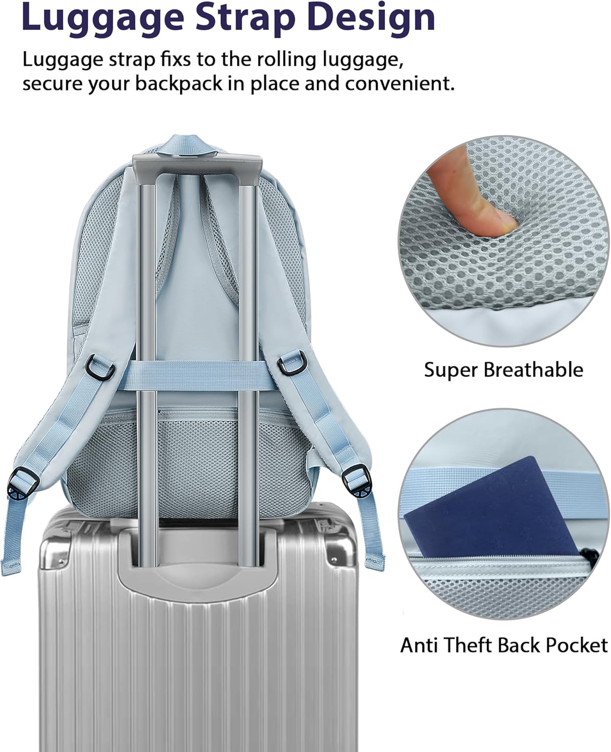 MATEIN Large College Laptop Backpack, Water Resistant Nurse Travel Backpack with USB Charging Port TSA Approved, Soft Anti Theft Comupter Bag for Work, Blue Beige