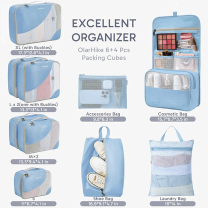 ALL INCLUDED 10 Set Durable Packing Cubes for Suitcases,OlarHike Essentials for Travel,UPGRADED Anti-Tear Stitching, NEW Improved Luggage Packing Organizers for Travel Accessories, Light Blue