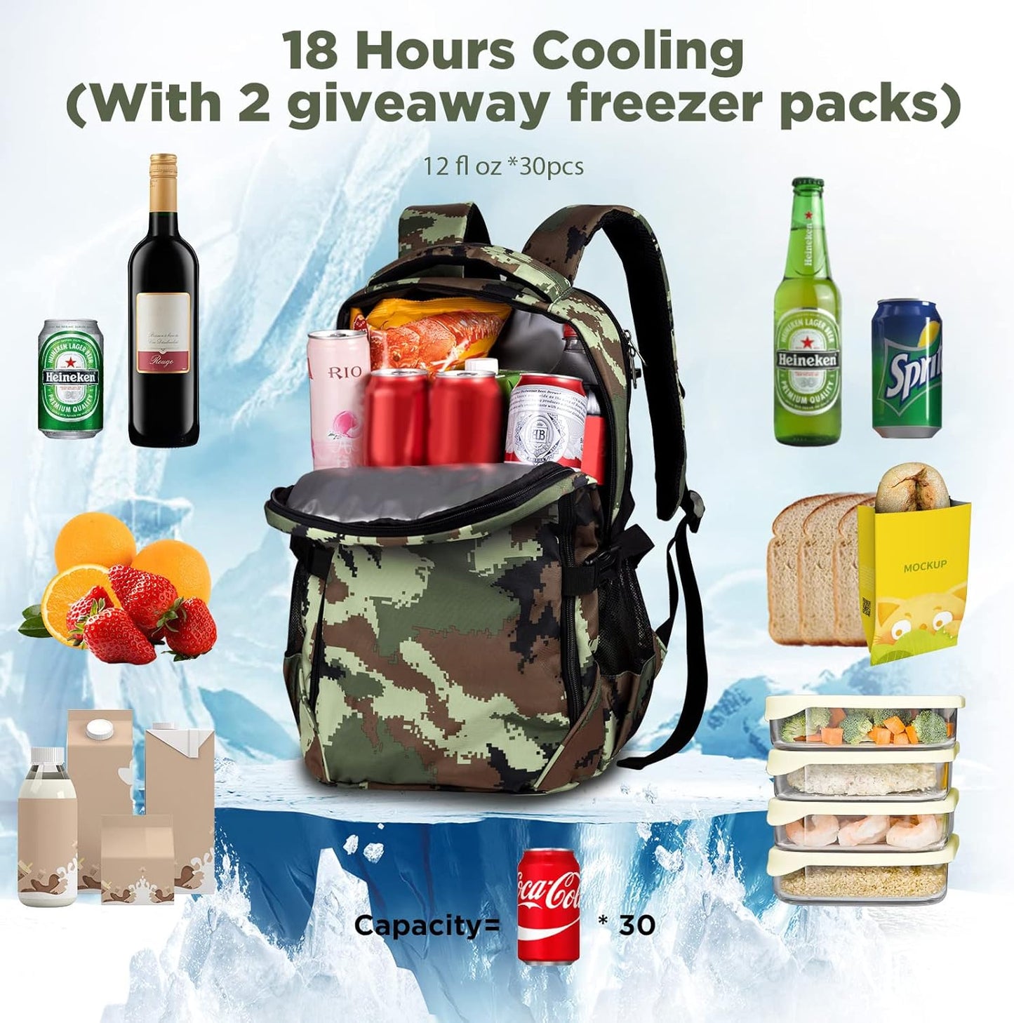 OUTXE Cooler Backpack Insulated 22L Lunch Backpack Cooler Bag Daily Backpacks Work and Travel-Camo