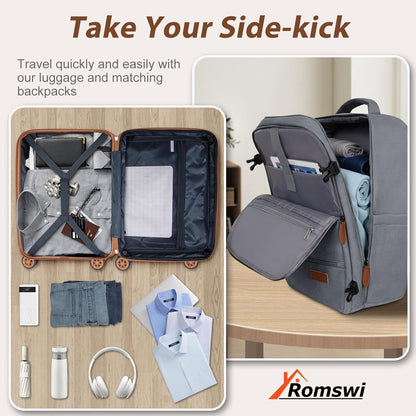 Romswi Luggage Sets 2 Piece, Expandable Carry On Luggage 20In with Travel Backpack, PC+ABS Hardside Suitcase Set with TSA Lock, Durable Carry On Suitcase with Spinner Wheels Silver