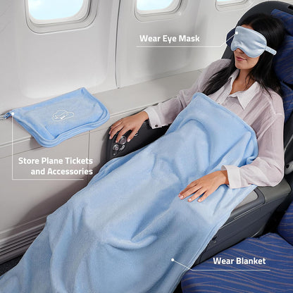 Travel Blanket, Ultra-Soft, Warm & Lightweight Travel Blanket Airplane with Bag, 65x40 in, Airplane Travel Essentials for Women, Men & Kids, Included Eye Mask, Luggage Sleeve & Backpack Clip