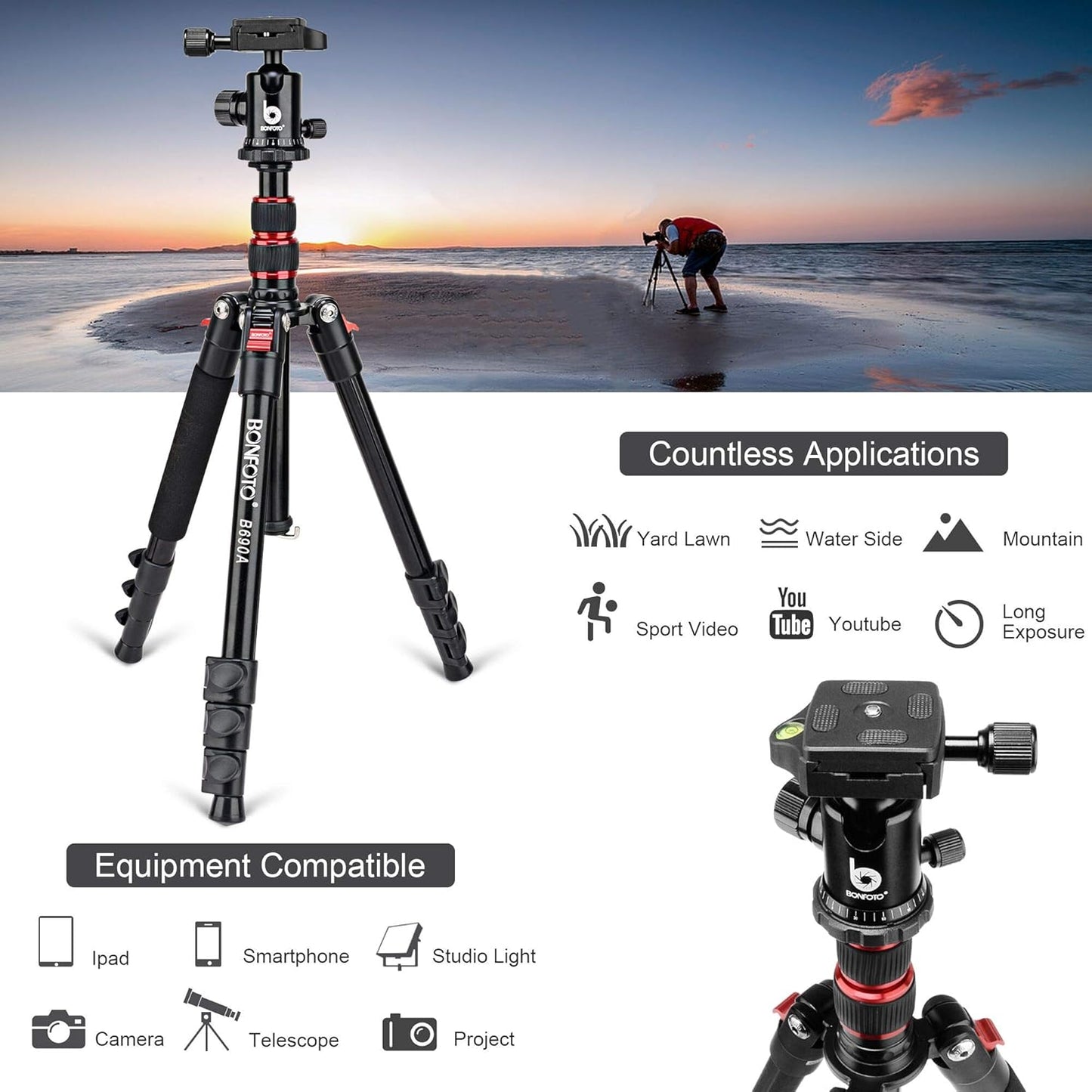 BONFOTO B690A Camera Tripod for Travel,Lightweight Aluminum Portable DSLR Tripod with 360 Degree Ball Head and Carry Bag, Camera Stand for Ring Light & Canon Nikon Sony DSLR
