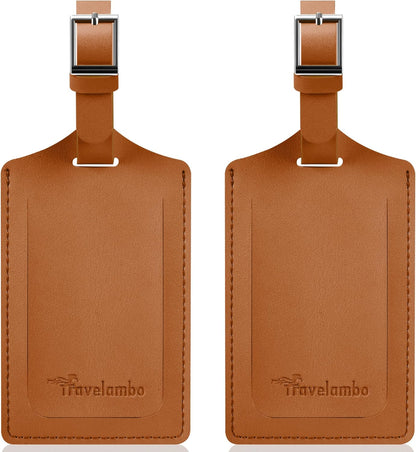 Travelambo Luggage Tags for Suitcases Faux Leather Privacy Protection 2 Pack Bag Tags Travel Accessories Essential, Yellowish Brown
