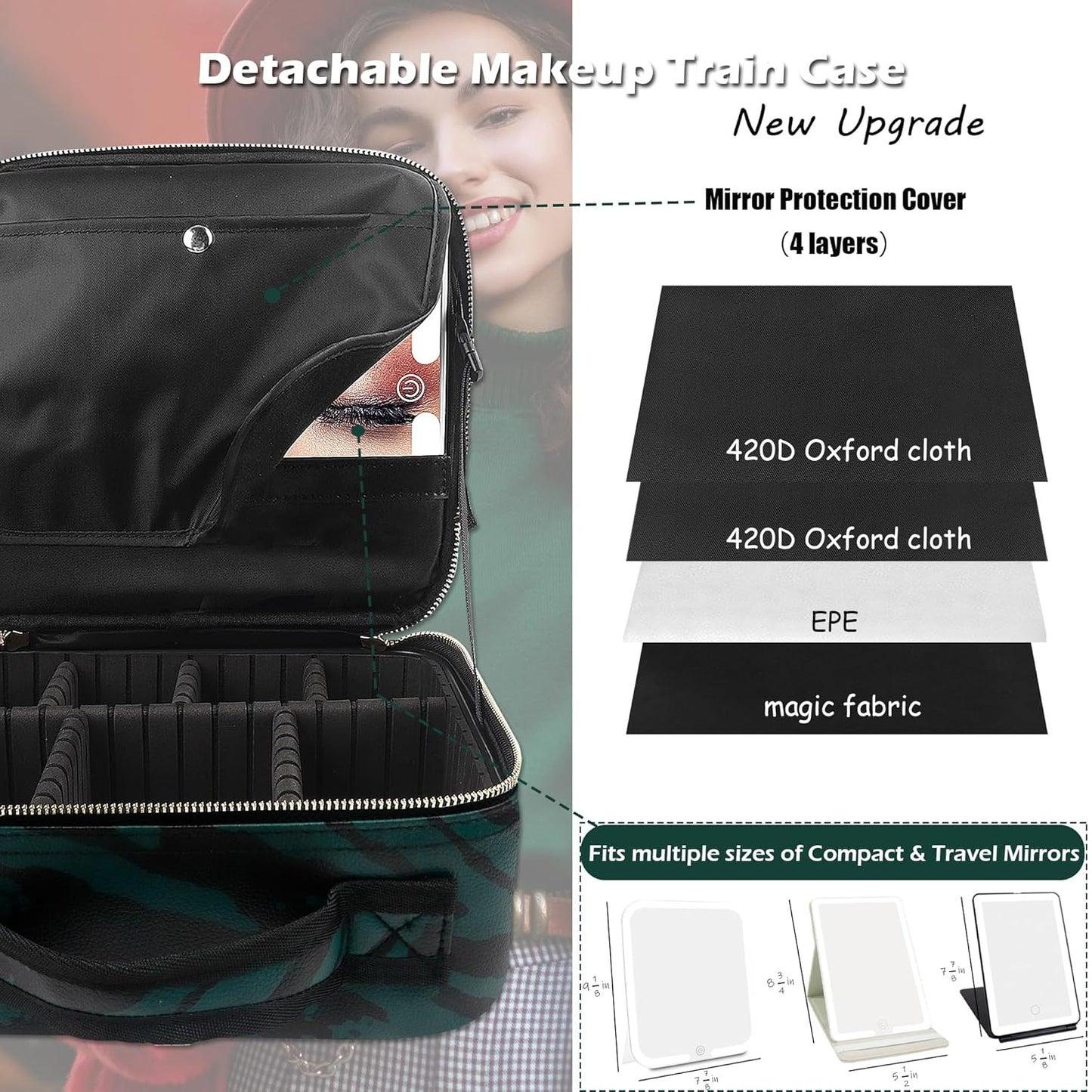 MOMIRA Travel Makeup Bag Cosmetic Bag with Lighted Mirror, Adjustable Brightness in 3 Color Scenarios, Waterproof, 10x Magnifying Mirror, Rotatable Independent Light Mirror- Zebra Green