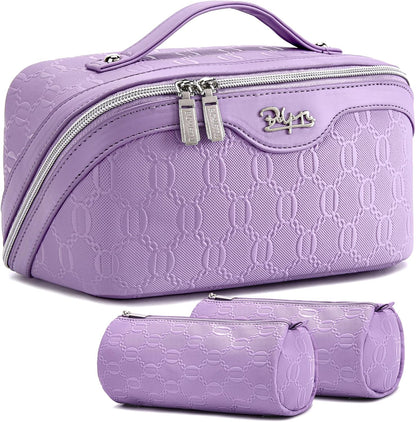 BOYATU Travel Makeup Bag for Women: Cosmetic Organizer Bag with Compartments - Leather Make up Bags Set of 3 (Purple)