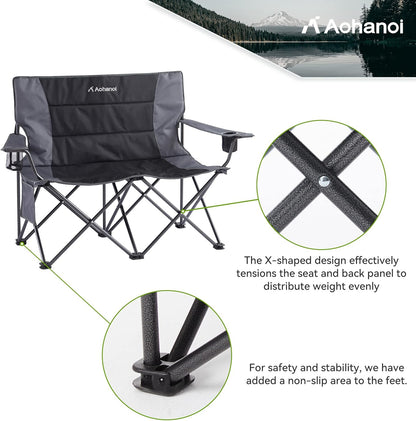 Oversized Double Camping Chairs for Adults, 2 Person Padded Folding Camp Chairs with 2 Cup Holders, Side Pocket for Outside, Picnic, Lawn, Big Heavy Duty Outdoor Loveseat, Black