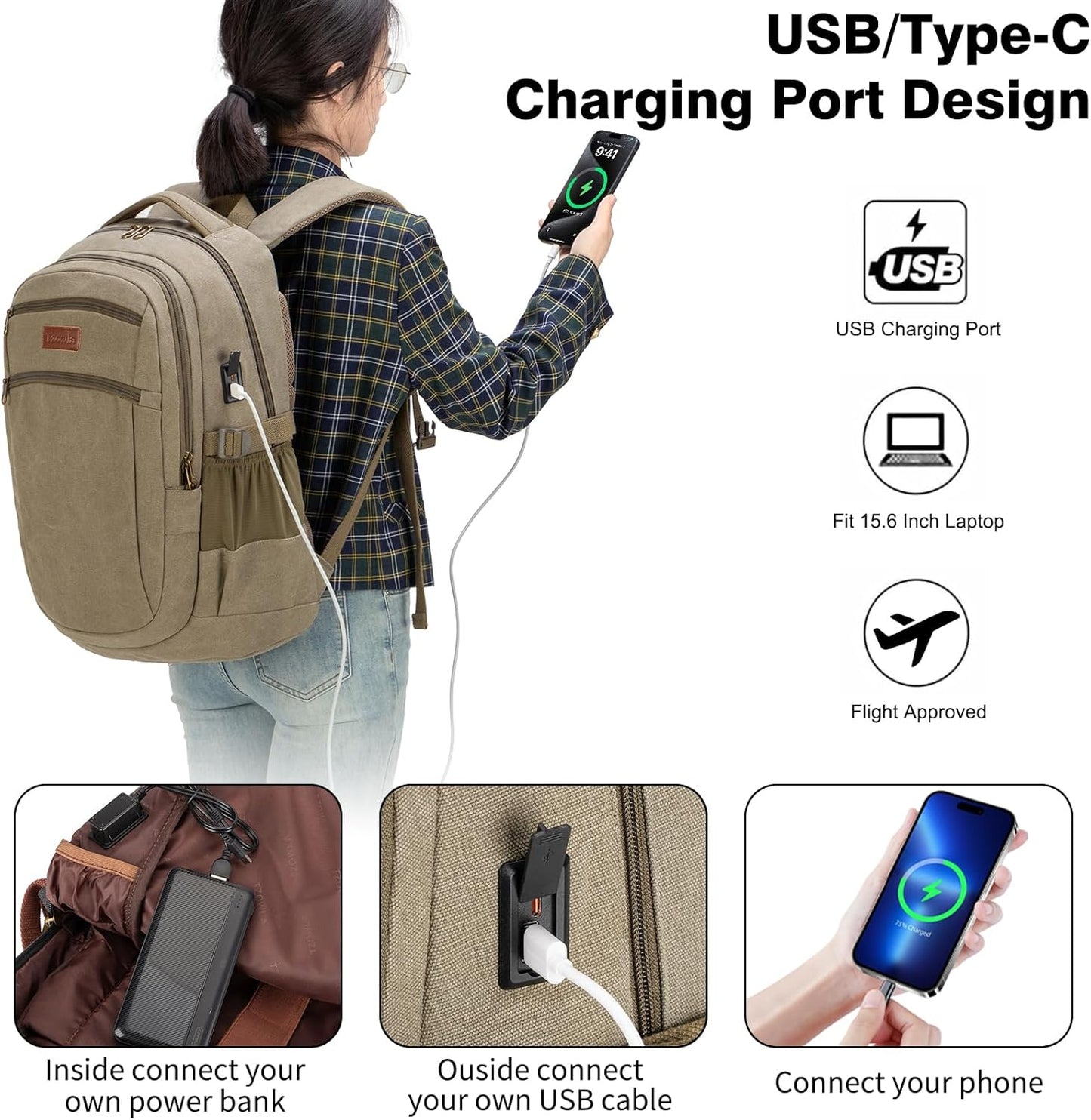 Tzowla Vintage Canvas Laptop Backpack for Men and Women,College Travel Work Rucksack with USB/Type-C Charging Port,Lightweight Bookbag Hiking Casual Daypack Backpacks Fit 15.6" Laptop(Olive Green)