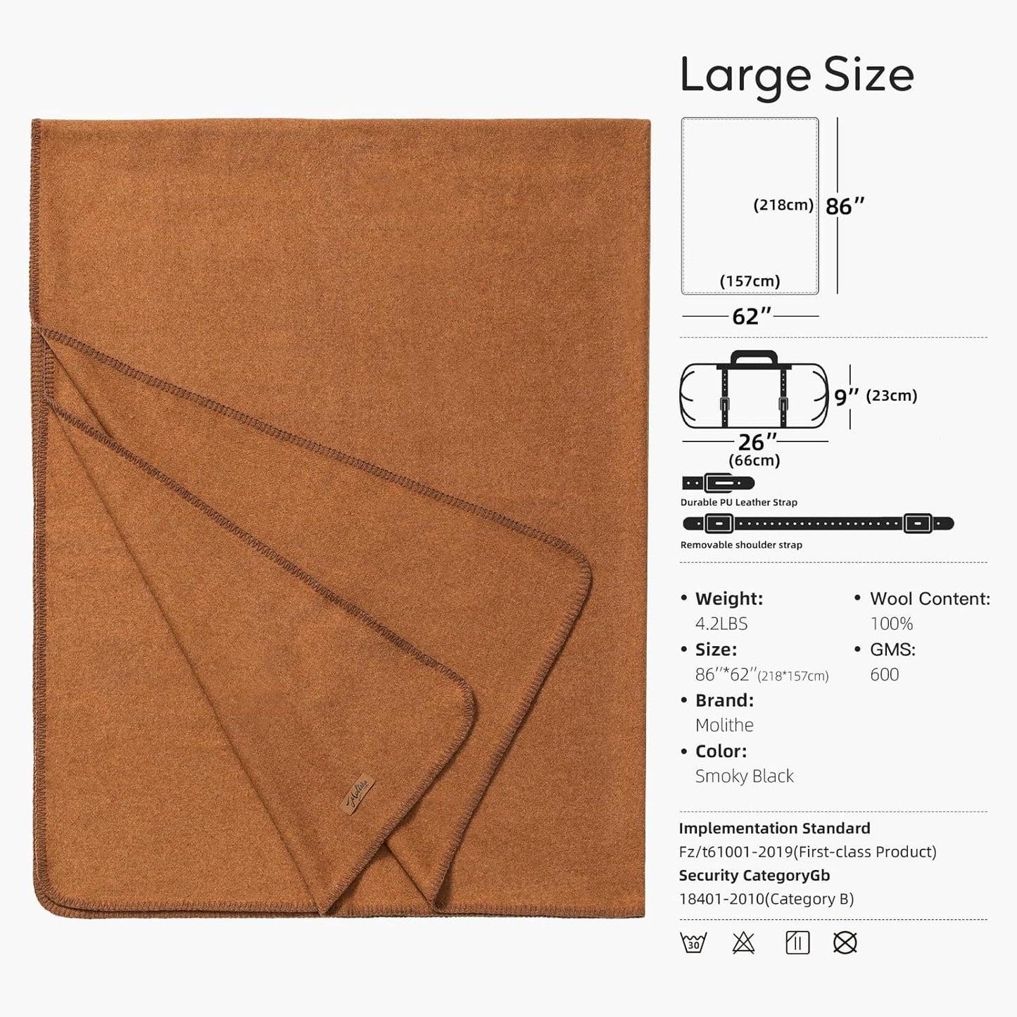 100% Wool Blanket, 62" x 86", Warm, Thick, Washable, Military Wool Blanket, Great for Camping, Outdoors, Sporting Events, Survival Kits, Dark Camel