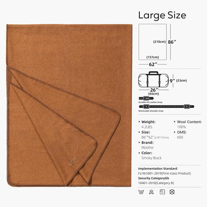 100% Wool Blanket, 62" x 86", Warm, Thick, Washable, Military Wool Blanket, Great for Camping, Outdoors, Sporting Events, Survival Kits, Dark Camel