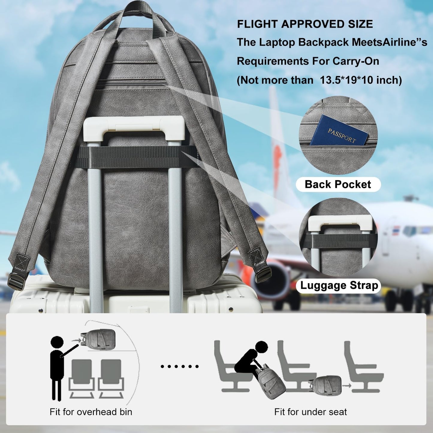 43L Backpack for Women Men - Vegan Leather Backpack Purse Travel Carry-on Bag College Bookbag Work fits 17" Laptop,DimGray