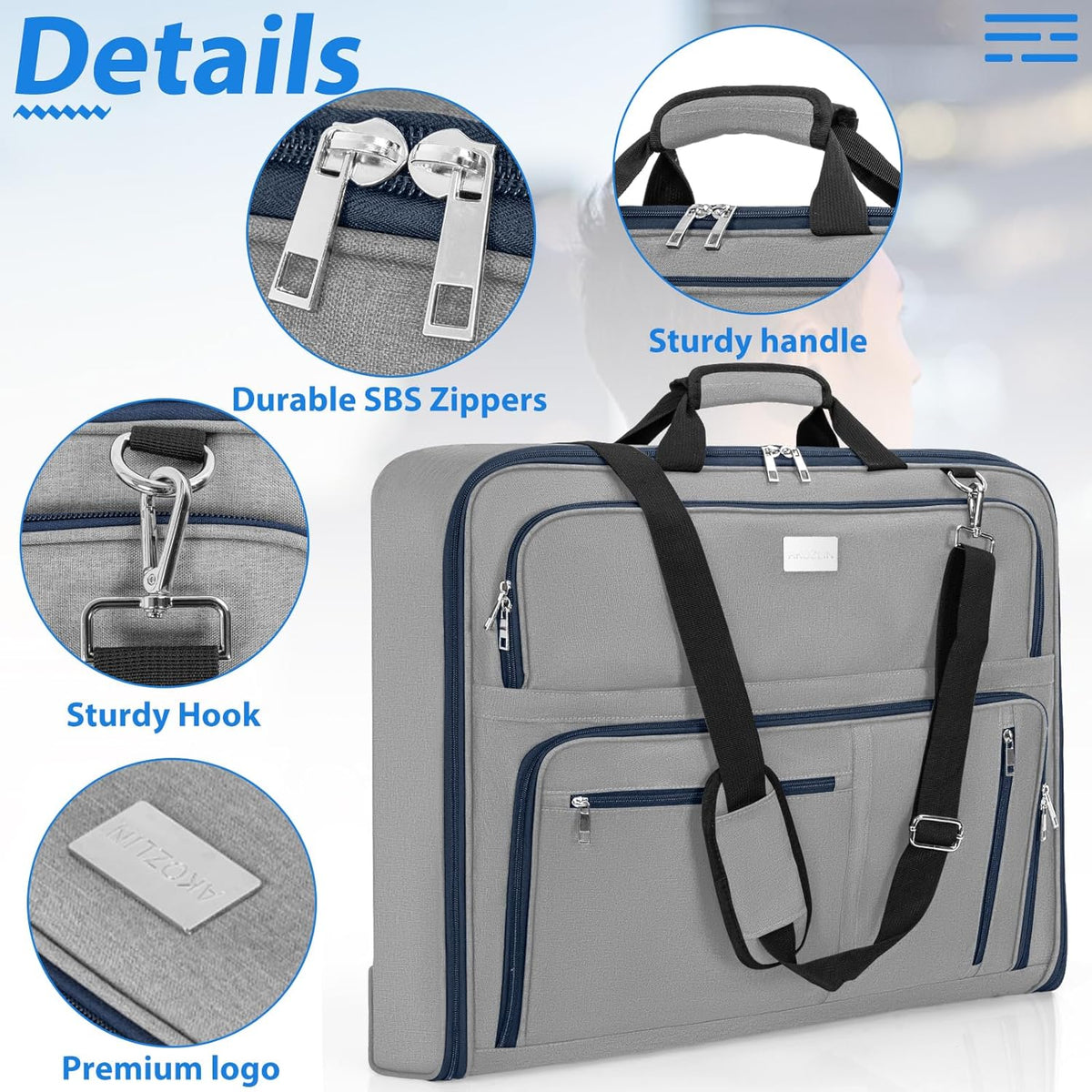 AKOZLIN Travel Luggage Garment Bag Foldable Hanging Suit Bag with Shoulder Strap For Men Women Business Grey
