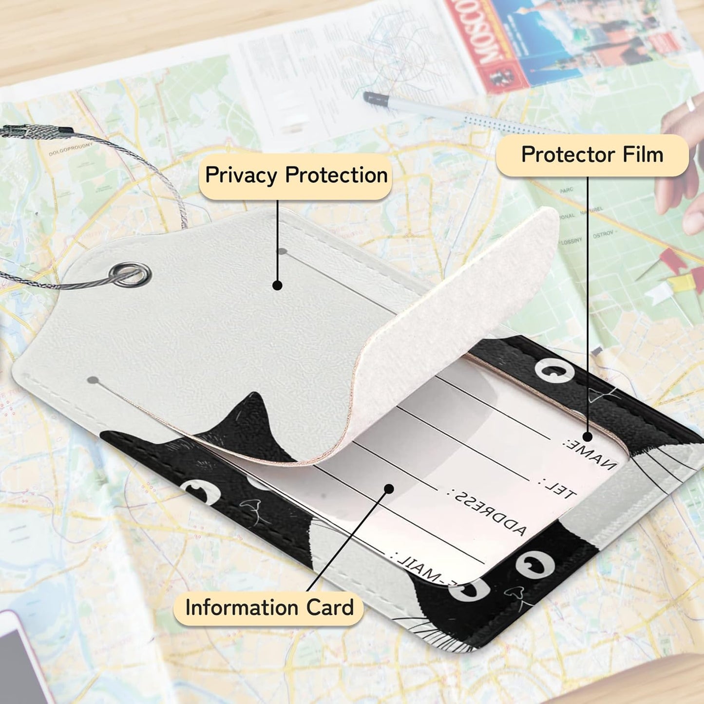 Black Cat Luggage Tag for Suitcase,Design with Privacy Flap Name ID Label Metal Loop, 3 Pack