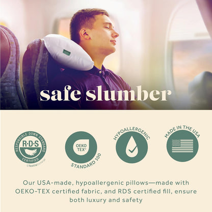 Goose Down Travel Pillow - Filled with 800 Fill Power European Goose Down, Egyptian 300 Thread Count 100% Cotton Cover for Plane car & Home - Made in USA (13" x 18")