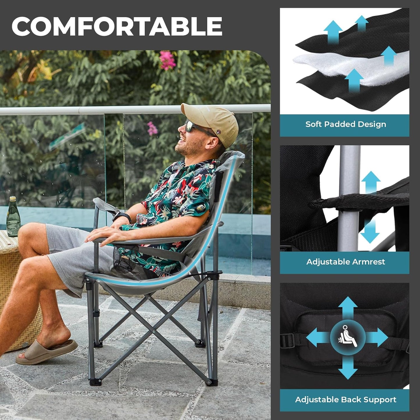 FUNDANGO Folding Camping Chair Heavy Duty, 2 Pack Oversized 440 Lbs Support Outdoor Camp Chairs with Lumbar Support & Cooler Pocket for Fishing Backyard Sports Beach Garden (Black/Grey)