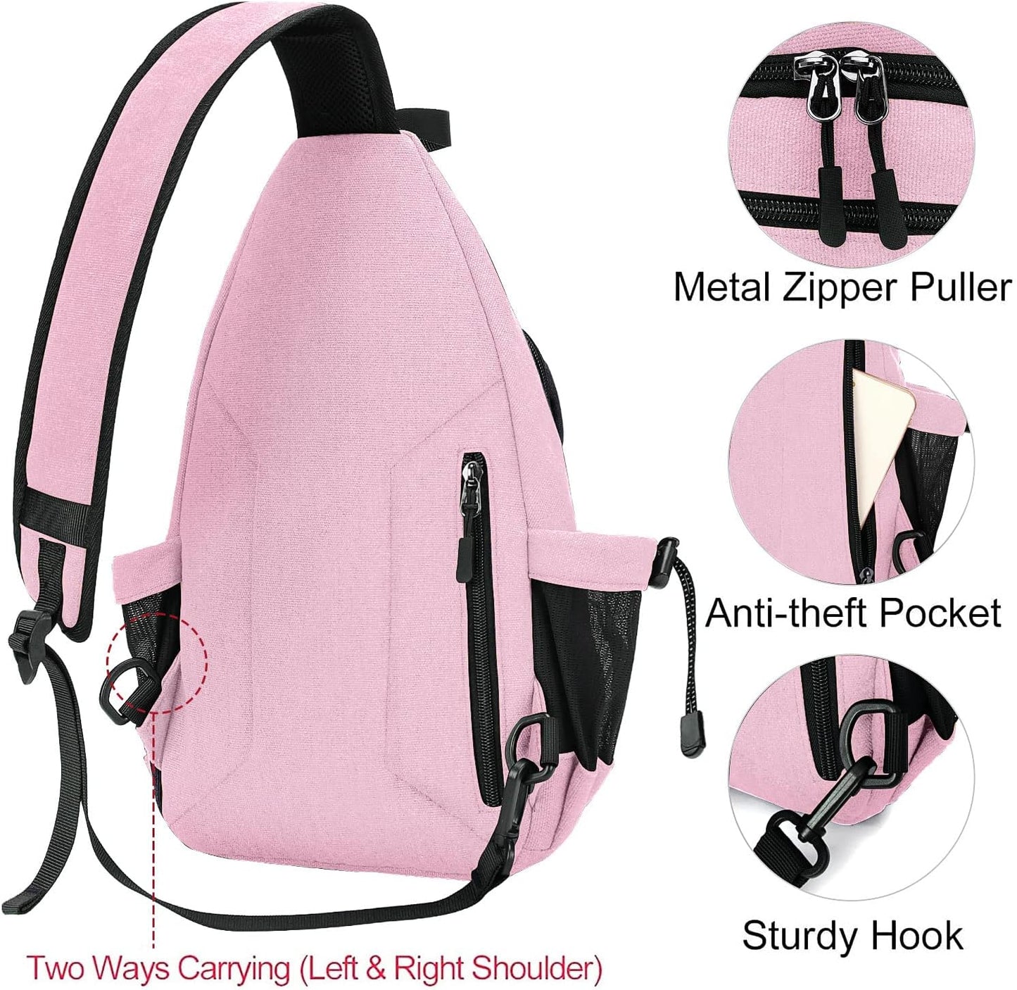 MOSISO Sling Backpack,Canvas Crossbody Hiking Daypack Bag with Anti-theft Pocket, Pink