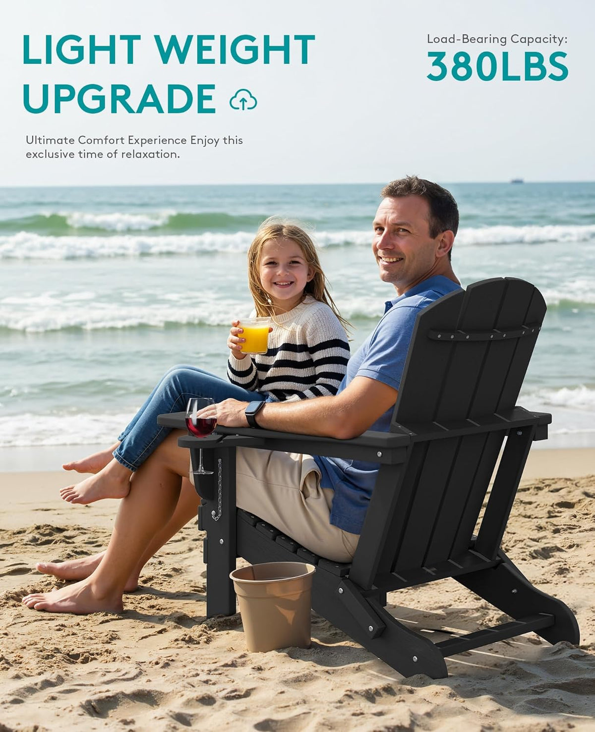 SERWALL Folding Adirondack Chair, Dual Cup Holders & All-Weather HDPE, Wood-Like Patio Chair for Backyard, Camping，Pool & Fire Pit- Black