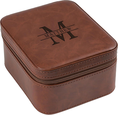Awesometik Luxury Travel PU Leather Watch Case. Watch Storage Organizer. Watch Display & Watch Holder. Perfect For Watch Collection. Ready to Gift for Men (Brown/Brown, Engraved 2 Slot Watch Case)