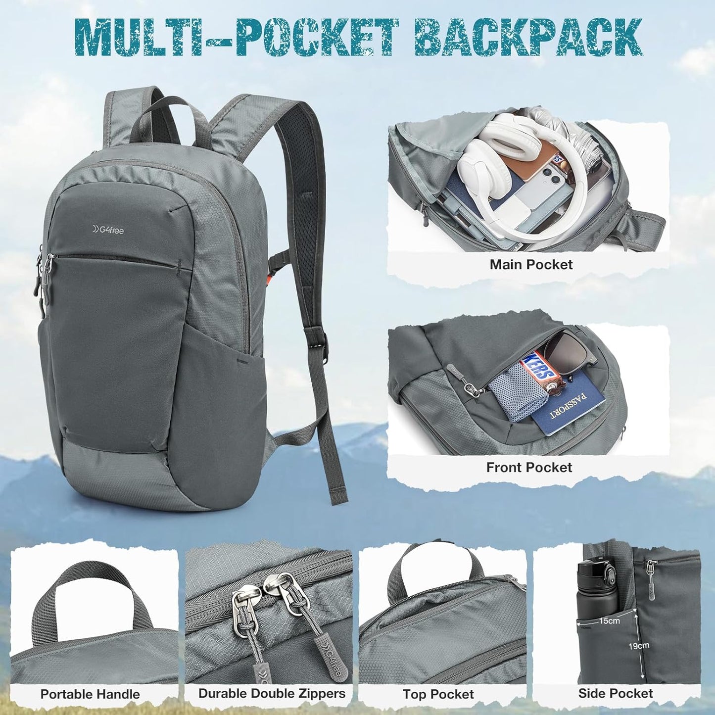 G4Free Packable Hiking Backpack 20L Lightweight Foldable Travel Daypack with Thickened Back Panel for Men Women(Grey)