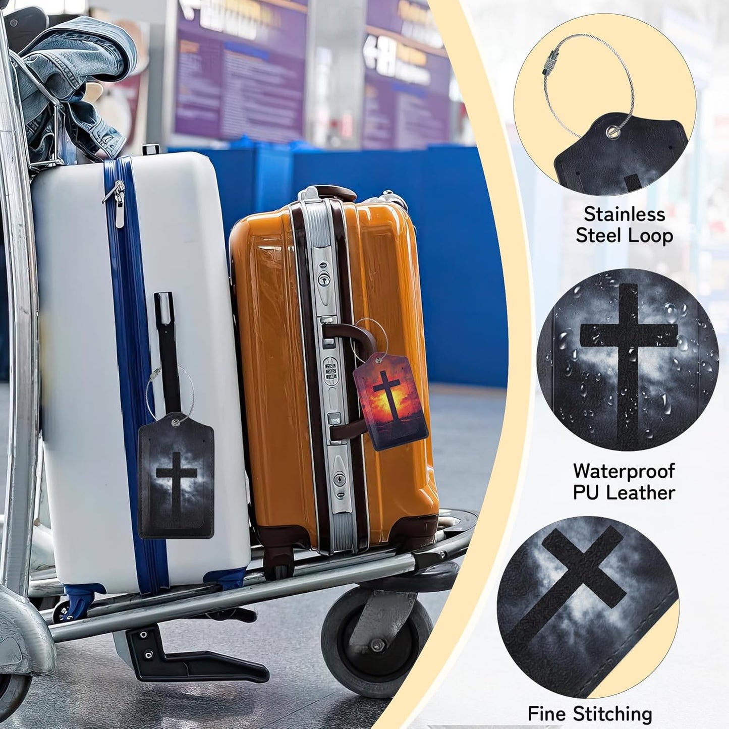 Cross Luggage Tags for Suitcase,3 Pack Luggage Tag Leather Privacy Cover ID Label with Stainless Steel Loop for Women Men