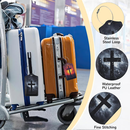 Cross Luggage Tags for Suitcase,3 Pack Luggage Tag Leather Privacy Cover ID Label with Stainless Steel Loop for Women Men