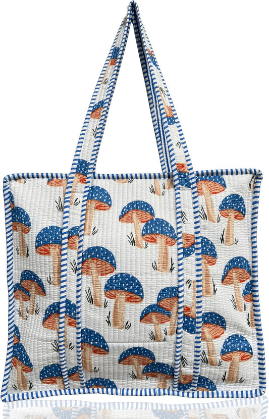 Cotton Quilted Tote Bag for Women – Large Beach & Travel Tote with Zipper, Reusable Grocery Bag