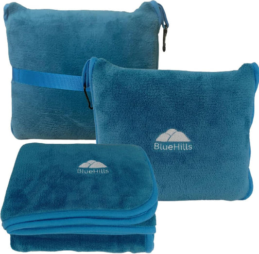 BlueHills Premium Soft Travel Blanket Pillow Airplane Blanket in Soft Bag case with Hand Luggage Belt and Carabiner Compact Pack Large Cozy Plane Car Train Teal Blue T022