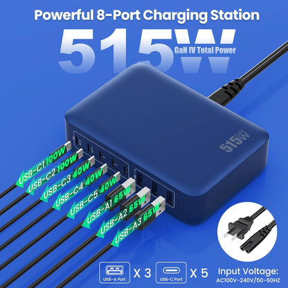 USB C Charger Block 515W[2025 Upgraded] GaN IV 8 Port Fast Charging Station Hub,Dual PD 100W USB C Laptop Charger Compatible with MacBook Pro/Air,iPad,iPhone 16/15,Galaxy S23/S24 Steam Deck Dell XPS