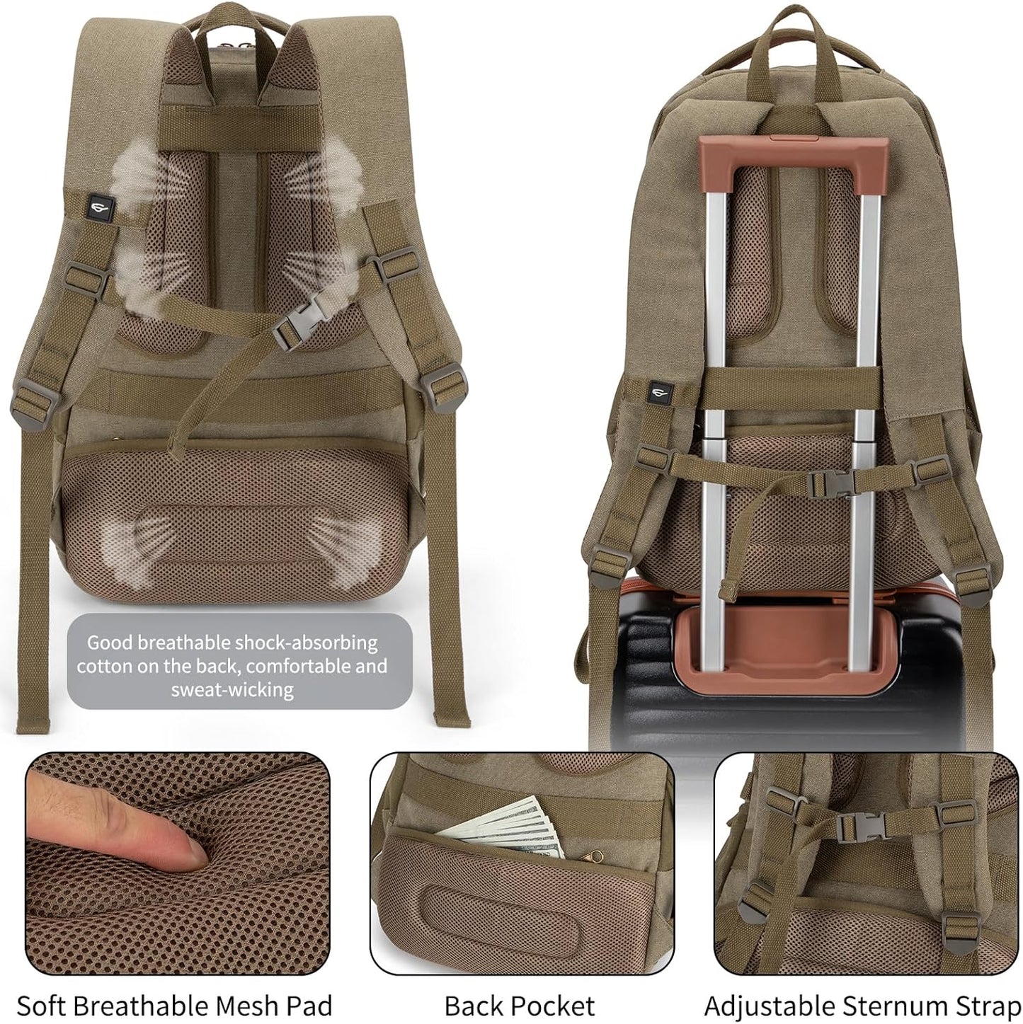 Tzowla Vintage Canvas Laptop Backpack for Men and Women,College Travel Work Rucksack with USB/Type-C Charging Port,Lightweight Bookbag Hiking Casual Daypack Backpacks Fit 15.6" Laptop(Olive Green)