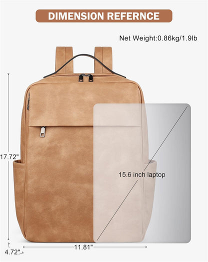 MASINTOR 15.6 inch PU Leather Laptop Backpack Purse for Women, Large College Casual Backpack Travel Bag Retro Camel