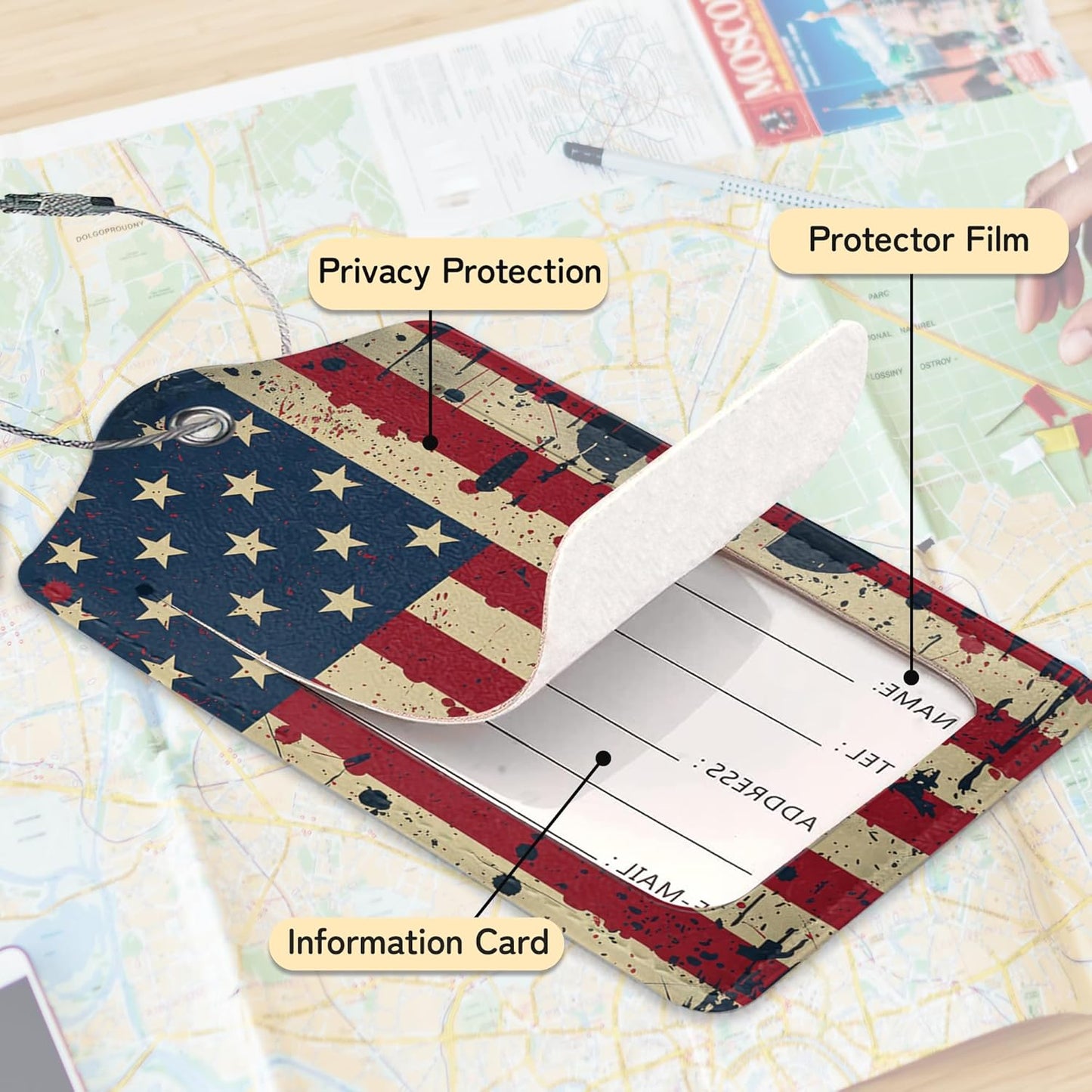 3 Pack PU Retro American Flag Leahter Luggage Tag with Stainless Steel Loop,Travel Suitcase Labels with Privacy Cover ID Label Quickly Spot for Bags