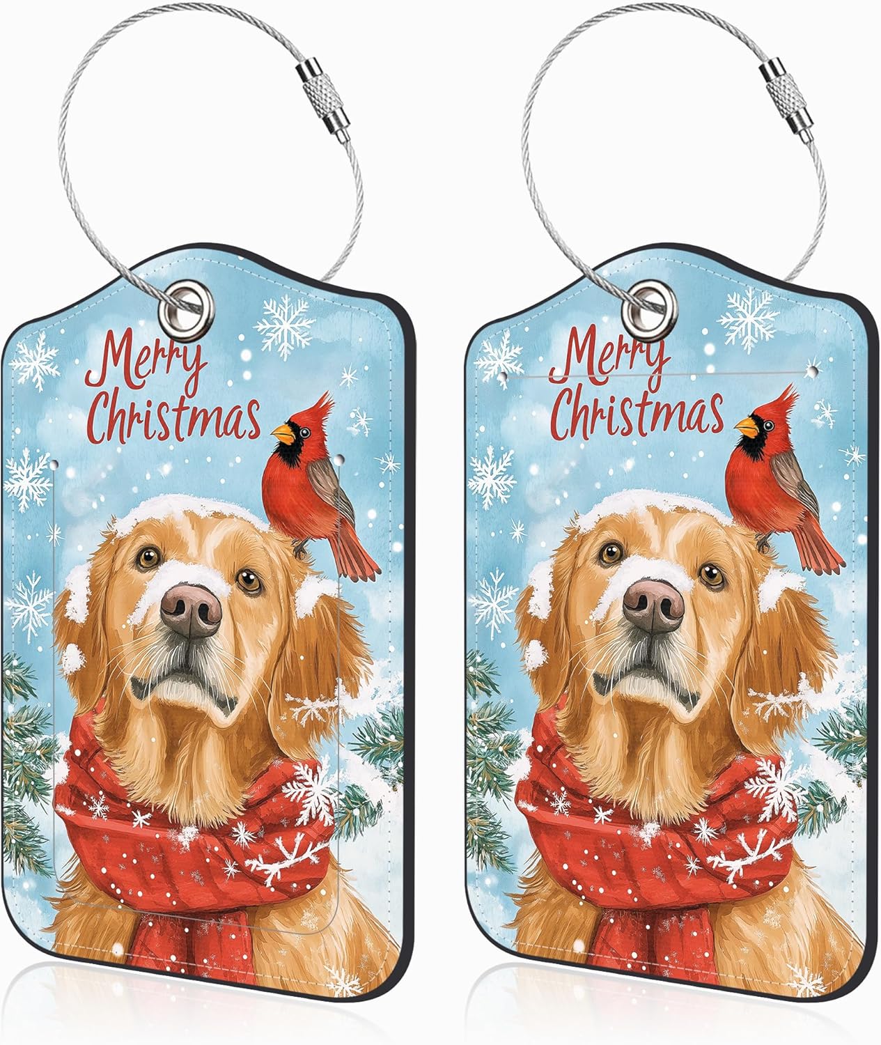 Set of 2 Christmas Dog and Red Cardinal Luggage Tags for Suitcases Leather Suitcase Tags Identifiers with Privacy Name Address Label and Stainless Steel Loop for Women Men Travel Luggage Accessories