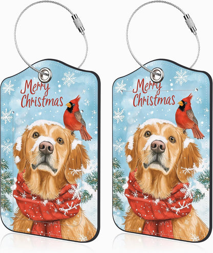 Set of 2 Christmas Dog and Red Cardinal Luggage Tags for Suitcases Leather Suitcase Tags Identifiers with Privacy Name Address Label and Stainless Steel Loop for Women Men Travel Luggage Accessories