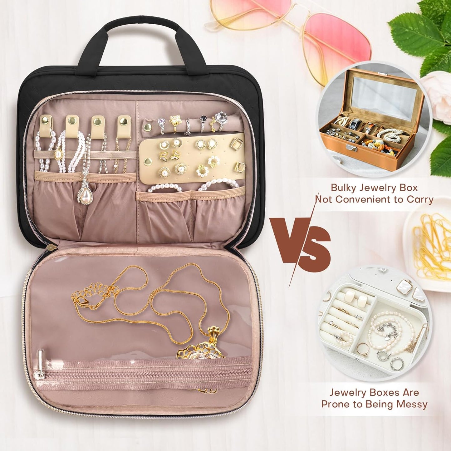 8L Travel Toiletry Bag with Jewelry Organizer for Women - 2.1 GAL Water-resistant Makeup Cosmetic Bag With Hanging Hook for Accessories Shampoo Full-size Container, Black